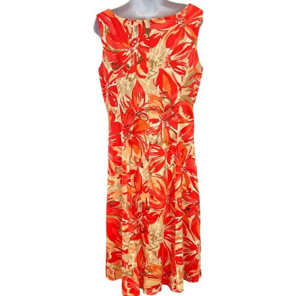 Coldwater Creek Red & Beige Floral Sleeveless Dress Size 16 Elegant A-Line Style - Picture 4 of 7